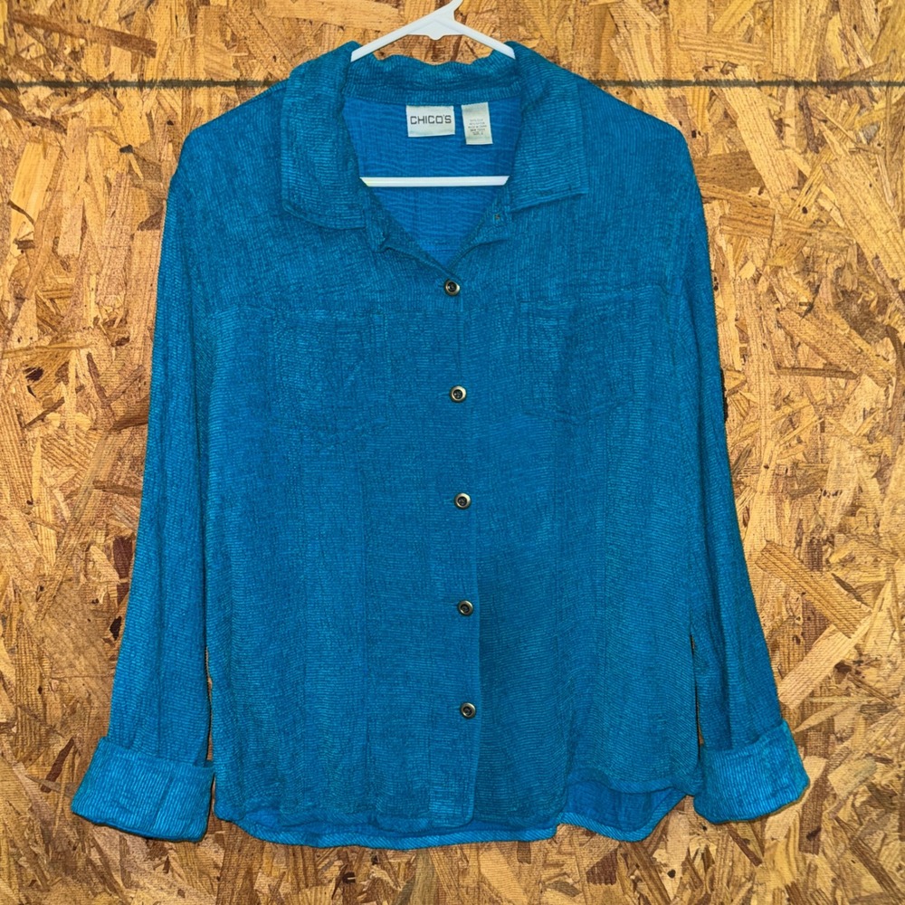 Chico's Blue Silk/Rayon Corduroy Button Shacket Shirt Jac Quiet Luxury Top 2 (L)